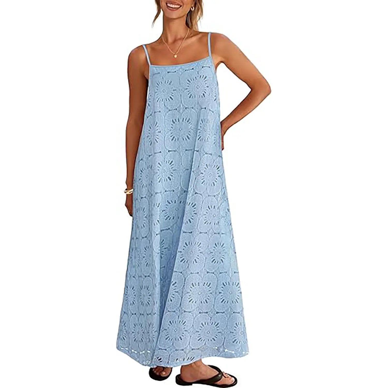 Women's 2026 Summer Spaghetti Strap Sundress, Casual Sleeveless Floral Lace Eyelet Boho Beach Maxi Dress