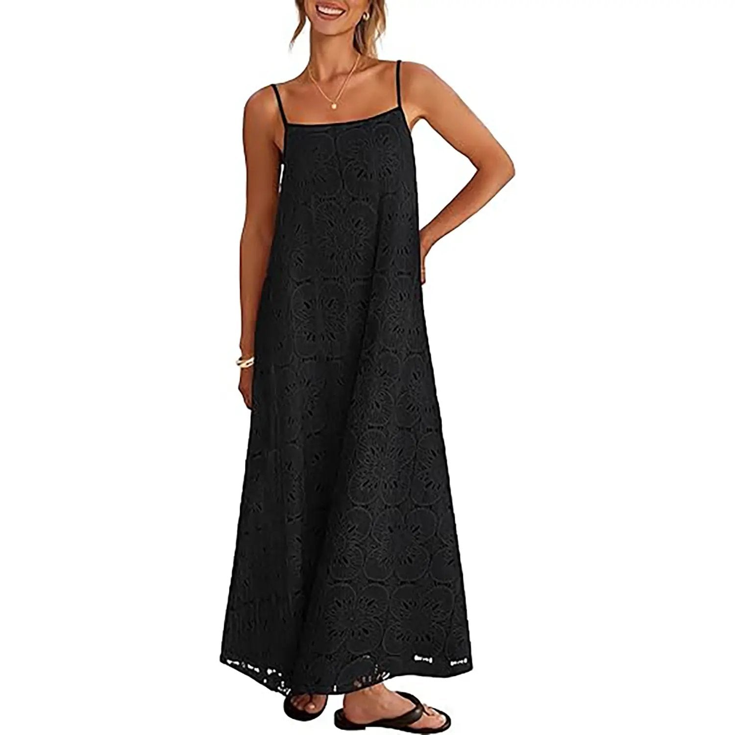 Women's 2026 Summer Spaghetti Strap Sundress, Casual Sleeveless Floral Lace Eyelet Boho Beach Maxi Dress