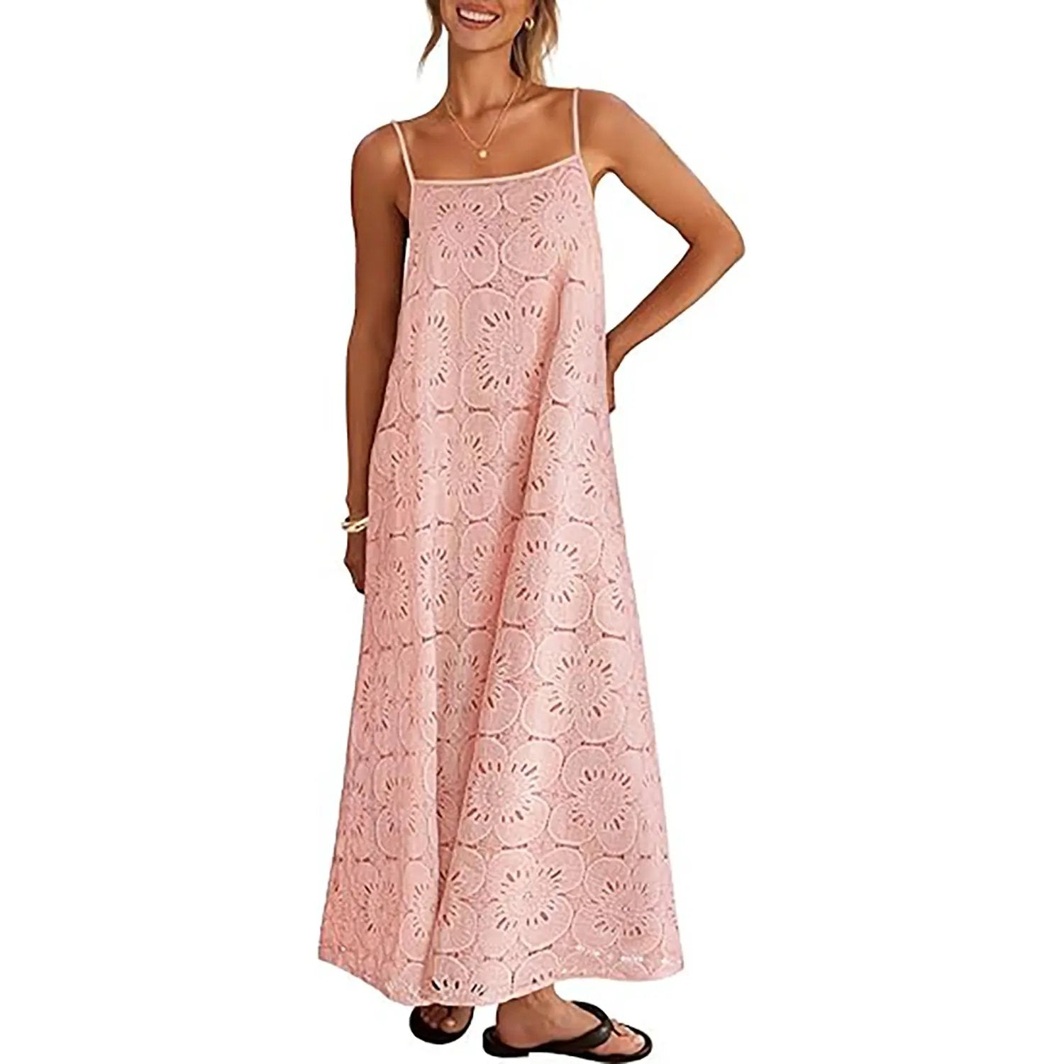 Women's 2026 Summer Spaghetti Strap Sundress, Casual Sleeveless Floral Lace Eyelet Boho Beach Maxi Dress