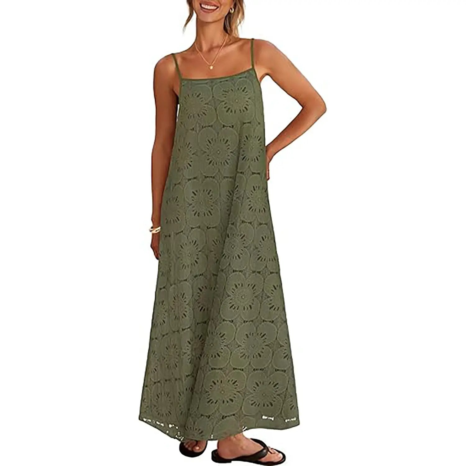Women's 2026 Summer Spaghetti Strap Sundress, Casual Sleeveless Floral Lace Eyelet Boho Beach Maxi Dress