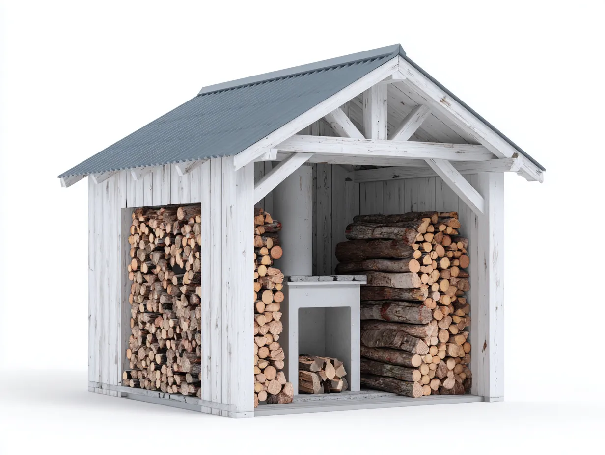 Abri à bûches en bois blanc avec toit gris 220x90x210 cm - rangement extérieur pour bois de chauffage - style chalet-Luxegoshop
