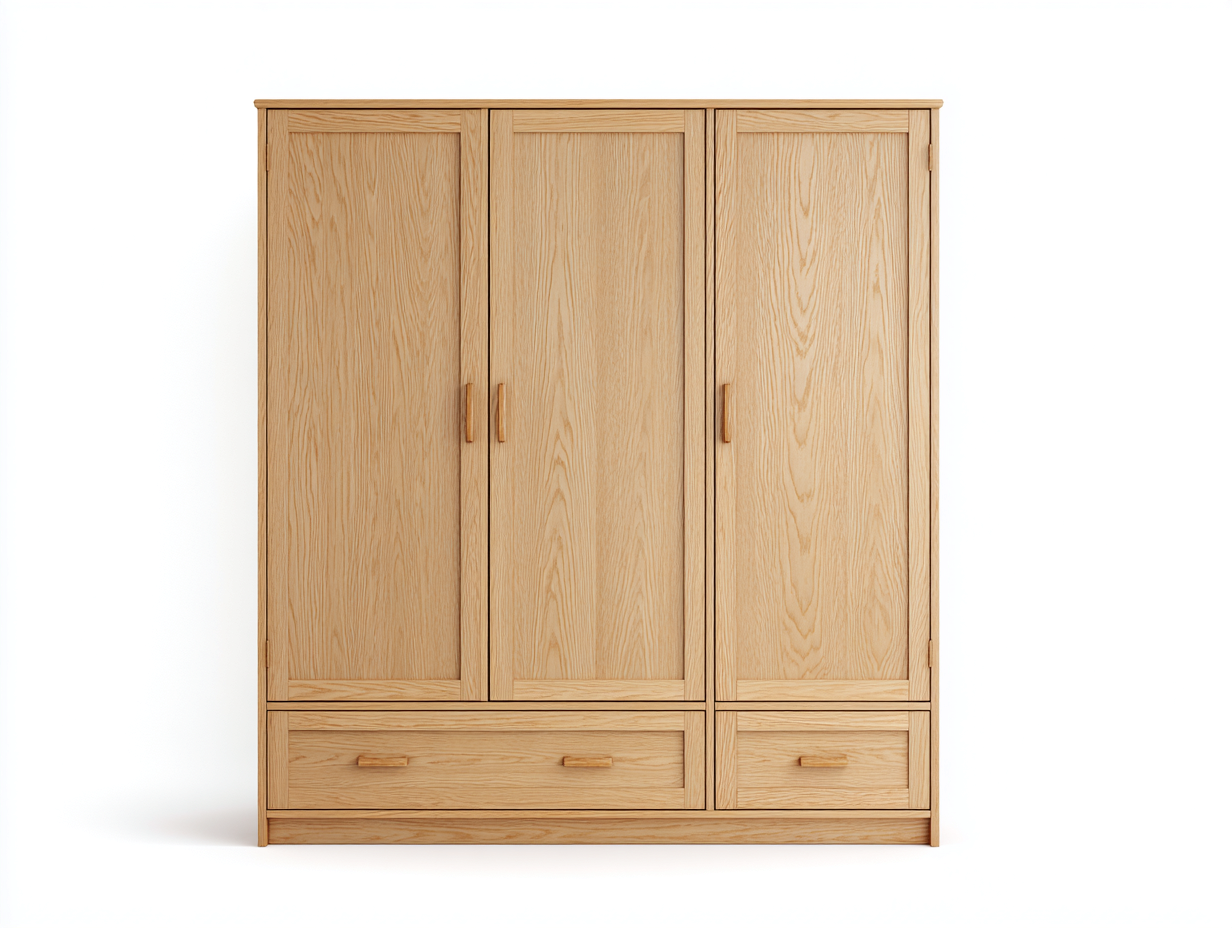 Armoire en bois décor chêne clair 3 portes 2 tiroirs 180x55x200 cm - rangement pour chambre - design naturel-Luxegoshop