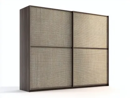 Armoire en bois brun foncé et cannage beige 2 portes coulissantes 200x65x220 cm - rangement pour chambre - style naturel contemporain-Luxegoshop