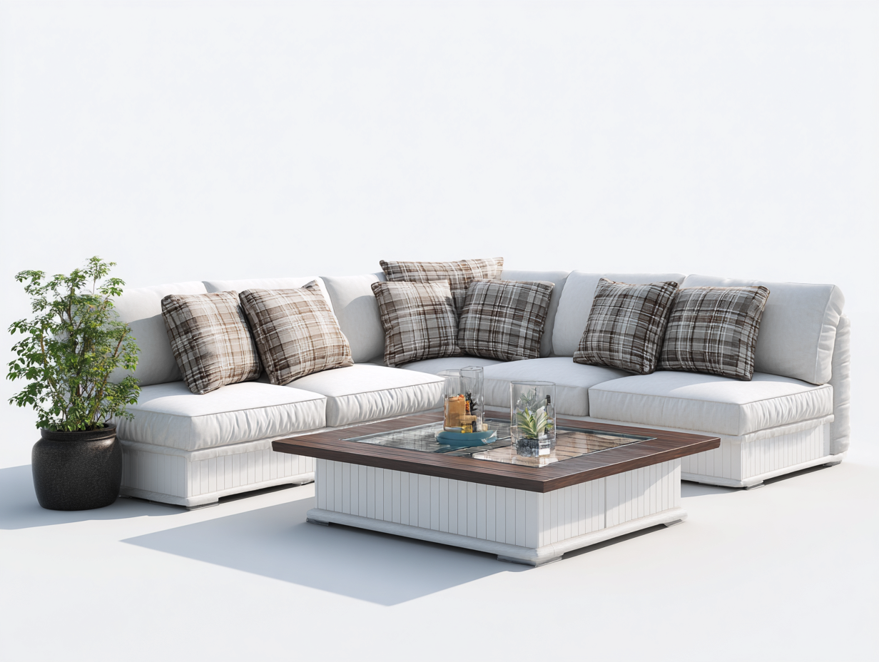 Canapé de jardin d'angle blanc 5 places avec table basse 260x260x78 cm - coussins gris clair - pour extérieur - design contemporain-Sofagetloft