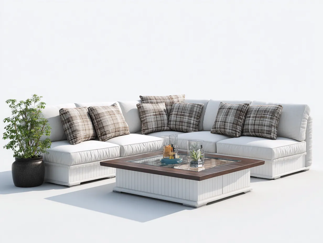 Canapé de jardin d'angle blanc 5 places avec table basse 260x260x78 cm - coussins gris clair - pour extérieur - design contemporain-Sofagetloft