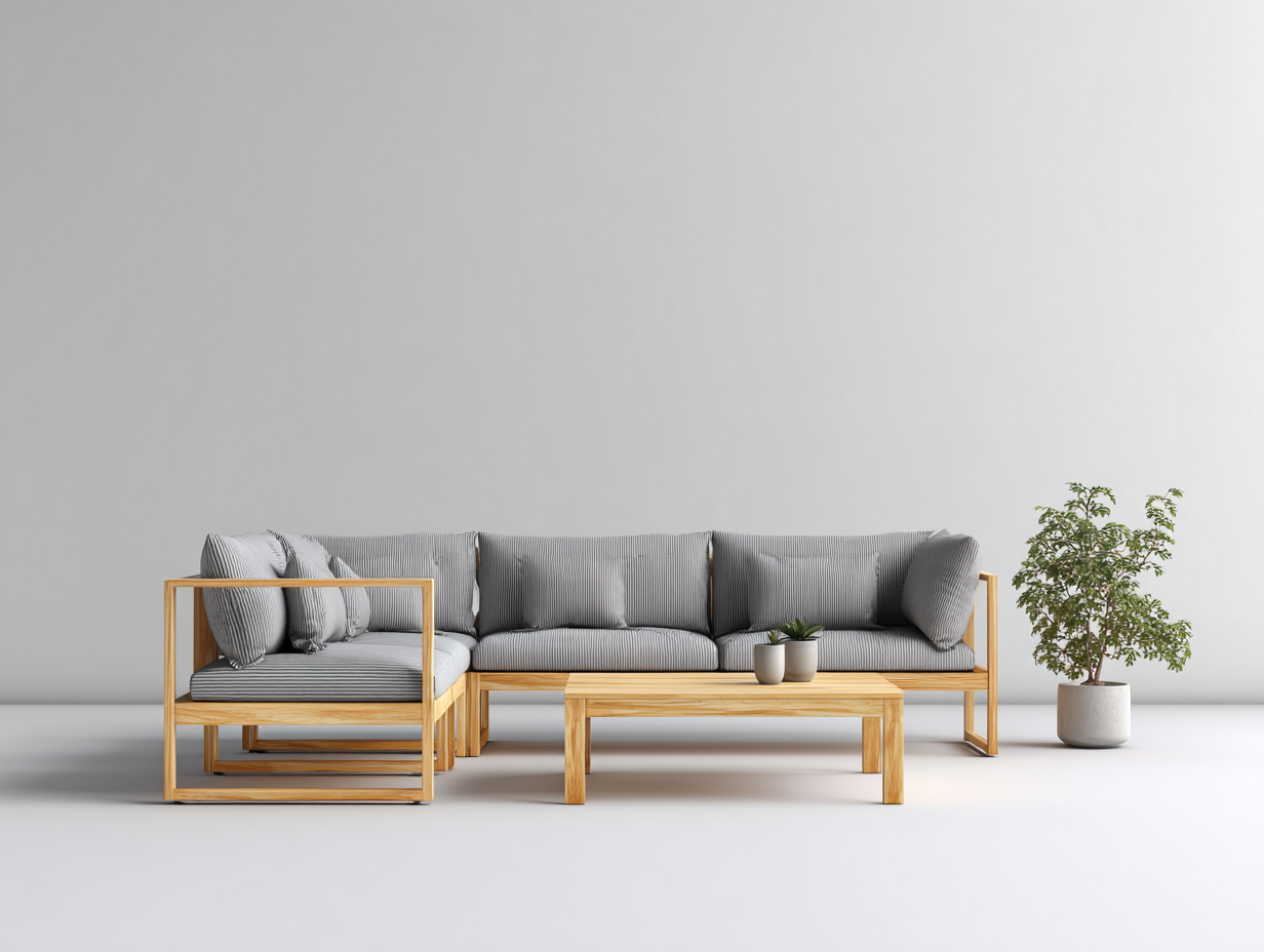 Canapé de jardin en bois clair 4 places avec table basse 240x80x78 cm - coussins gris - pour extérieur - design moderne-Sofagetloft