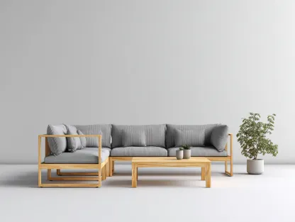 Canapé de jardin en bois clair 4 places avec table basse 240x80x78 cm - coussins gris - pour extérieur - design moderne-Sofagetloft