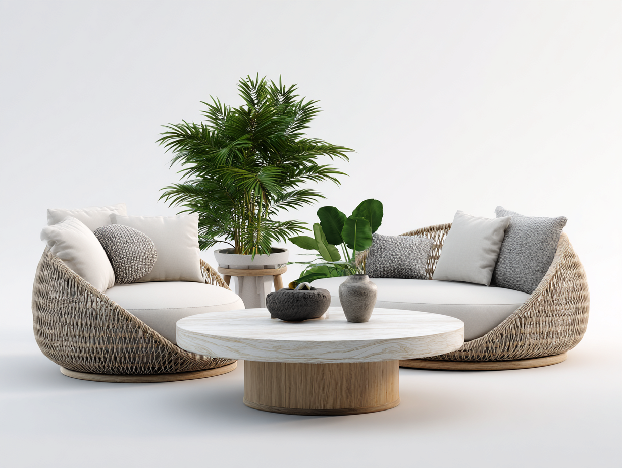 Canapé de jardin en rotin tressé 168 x 86 x 76 cm - beige naturel-blanc - pour jardin - ensemble avec deux canapés de dimensions différentes et table basse ronde-Sofagetloft