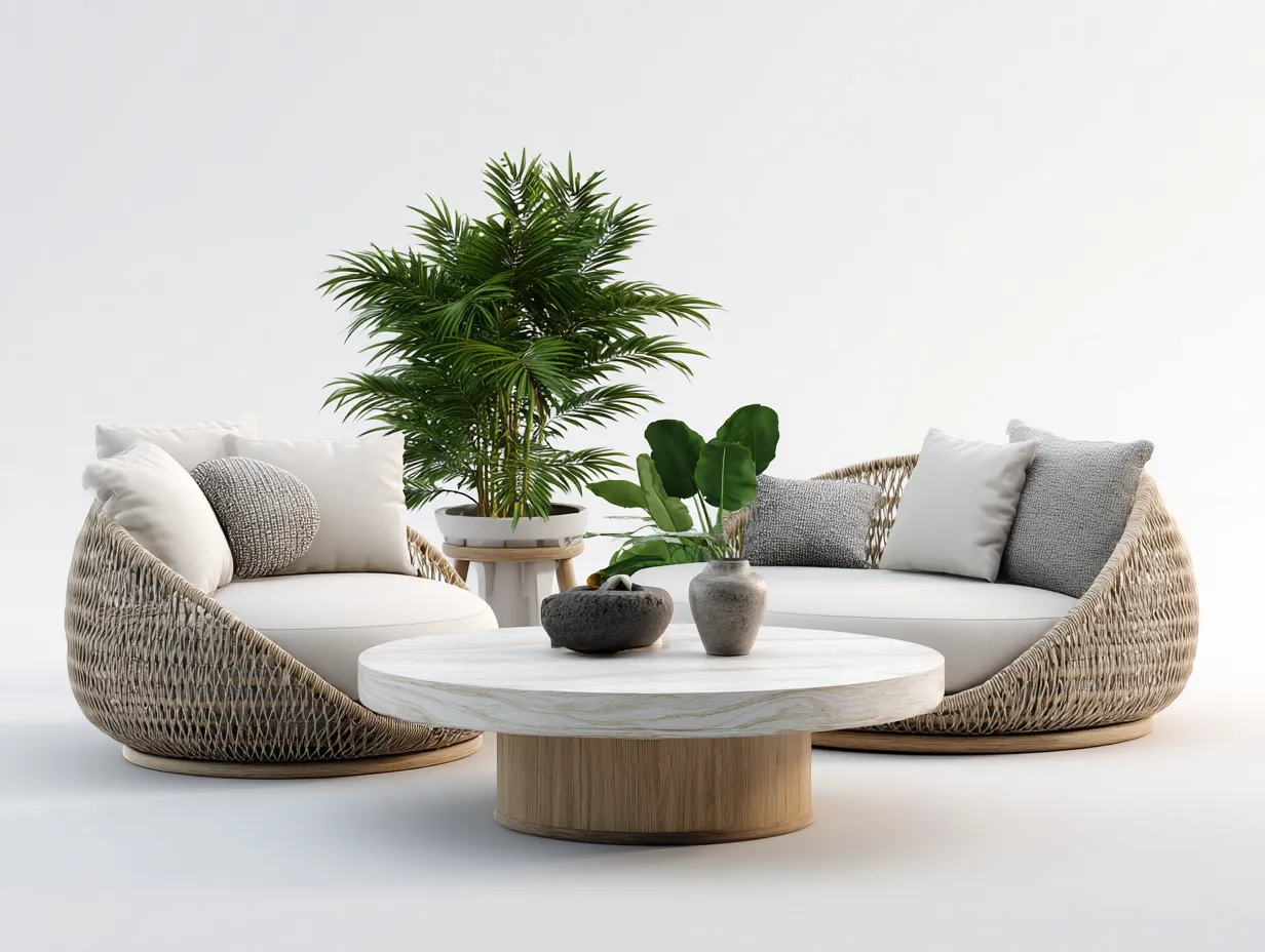 Canapé de jardin en rotin tressé 168 x 86 x 76 cm - beige naturel-blanc - pour jardin - ensemble avec deux canapés de dimensions différentes et table basse ronde-Sofagetloft