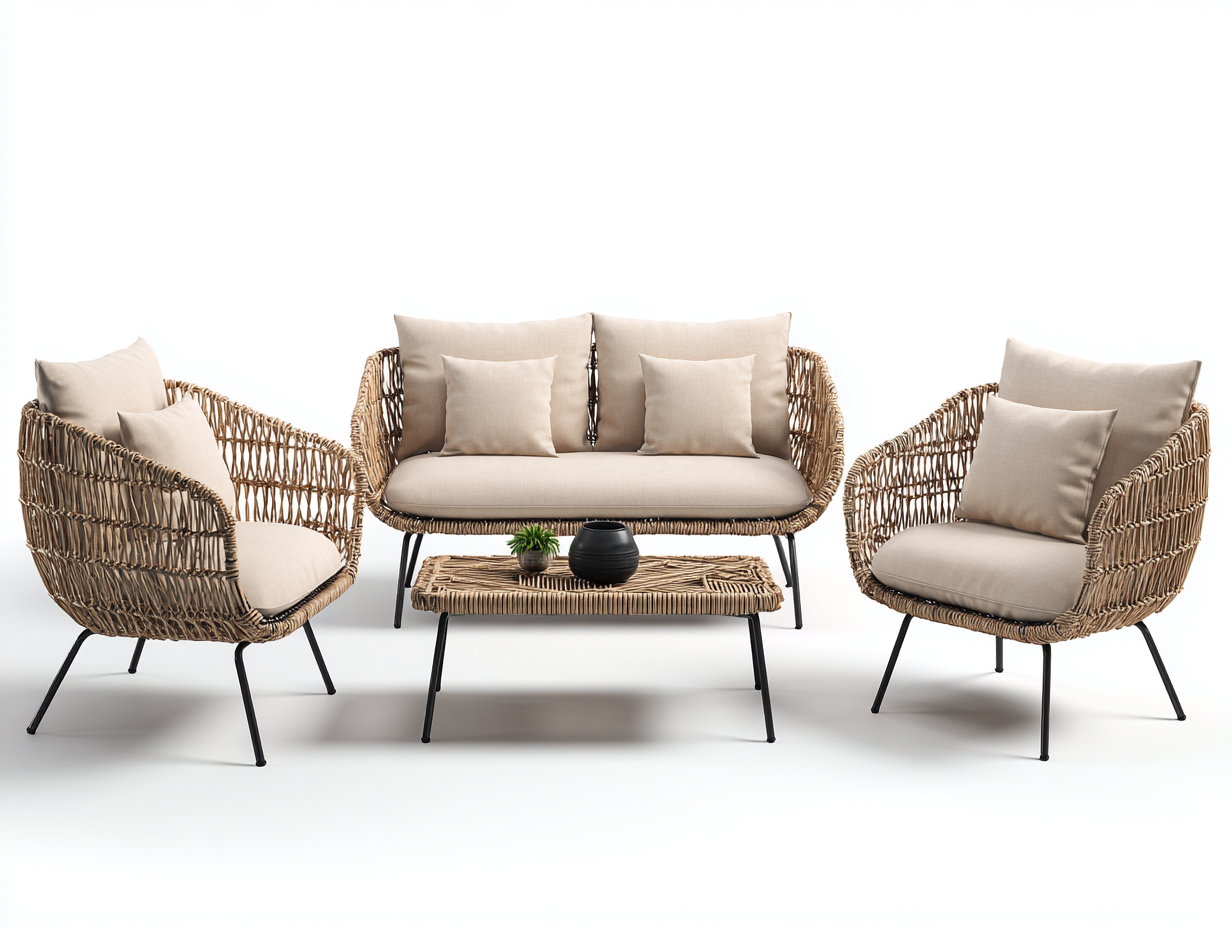 Canapé de jardin en rotin tressé 142 x 76 x 82 cm - beige naturel-écru - pour jardin - ensemble avec deux fauteuils et table basse-Sofagetloft