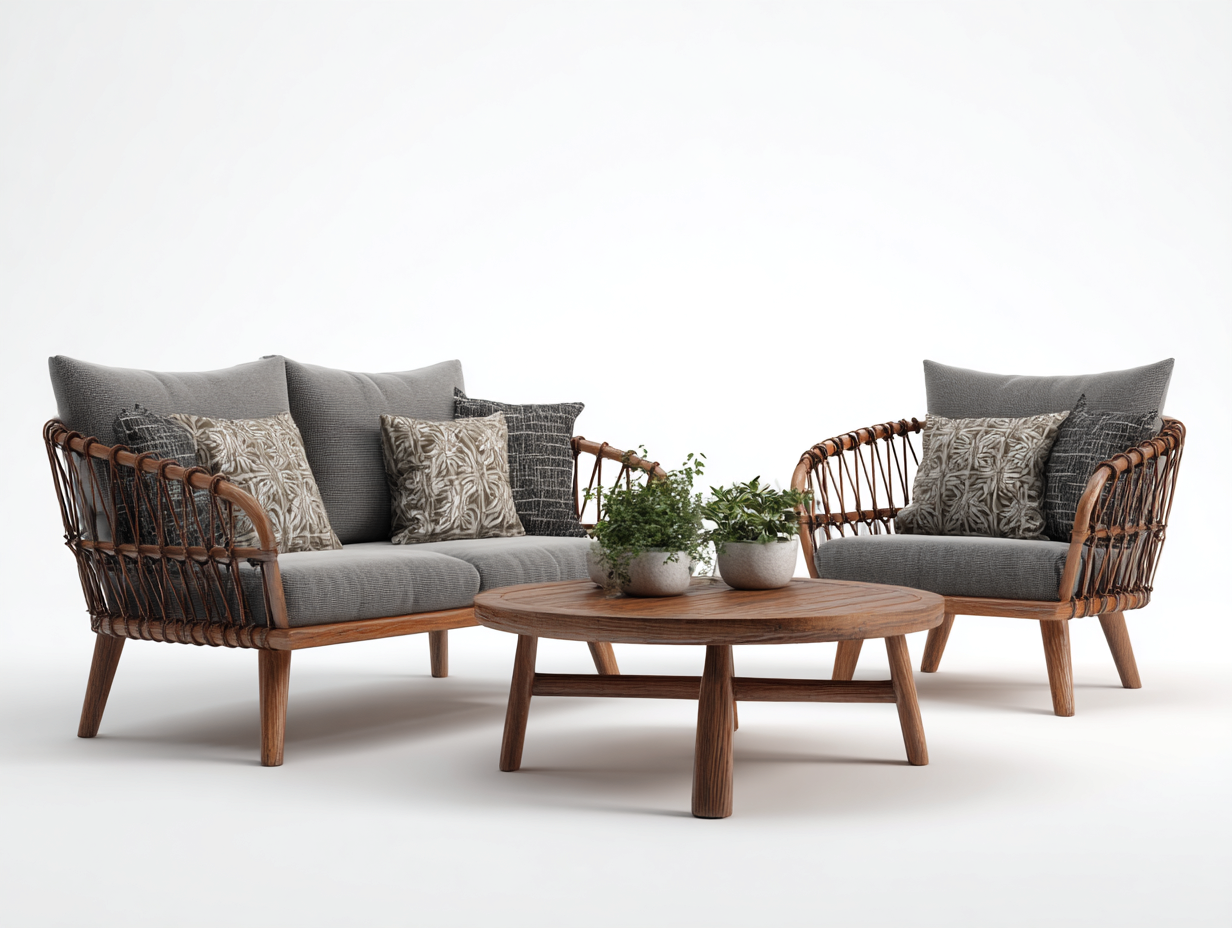 Canapé de jardin en bois et corde 152 x 78 x 76 cm - brun-gris - pour jardin - ensemble avec fauteuil et table basse ronde-Sofagetloft