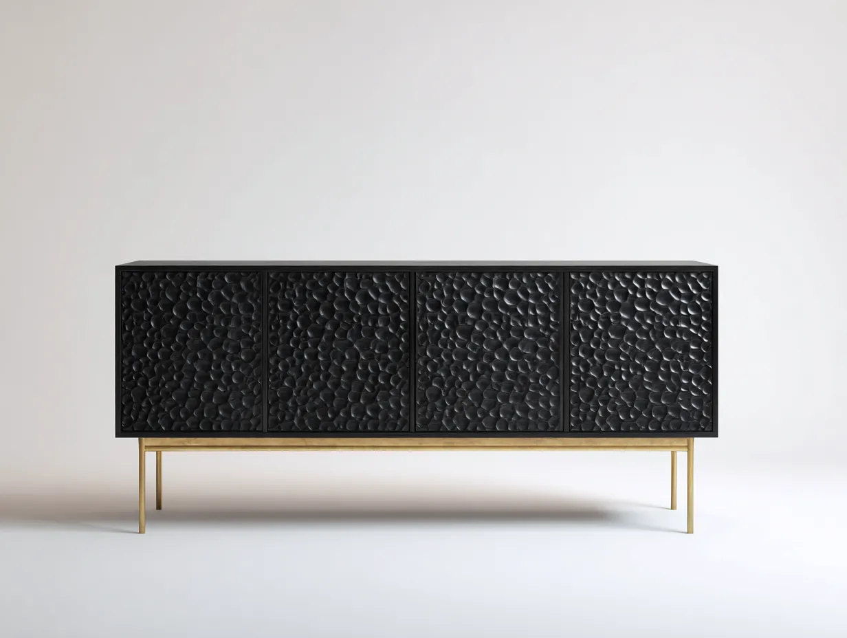Meuble d'entrée en bois noir 180x42x84 cm - rangement 4 portes - pour entrée - design texturé contemporain-Sofagetloft