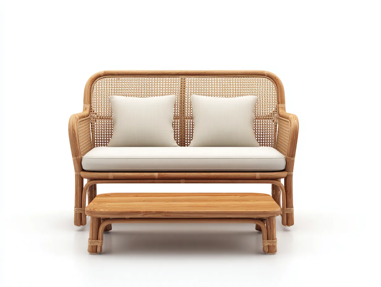 Canapé de jardin en rotin naturel 2 places avec table basse 135x78x88 cm - assise crème - pour extérieur - design naturel-Sofagetloft