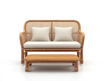 Canapé de jardin en rotin naturel 2 places avec table basse 135x78x88 cm - assise crème - pour extérieur - design naturel-Sofagetloft