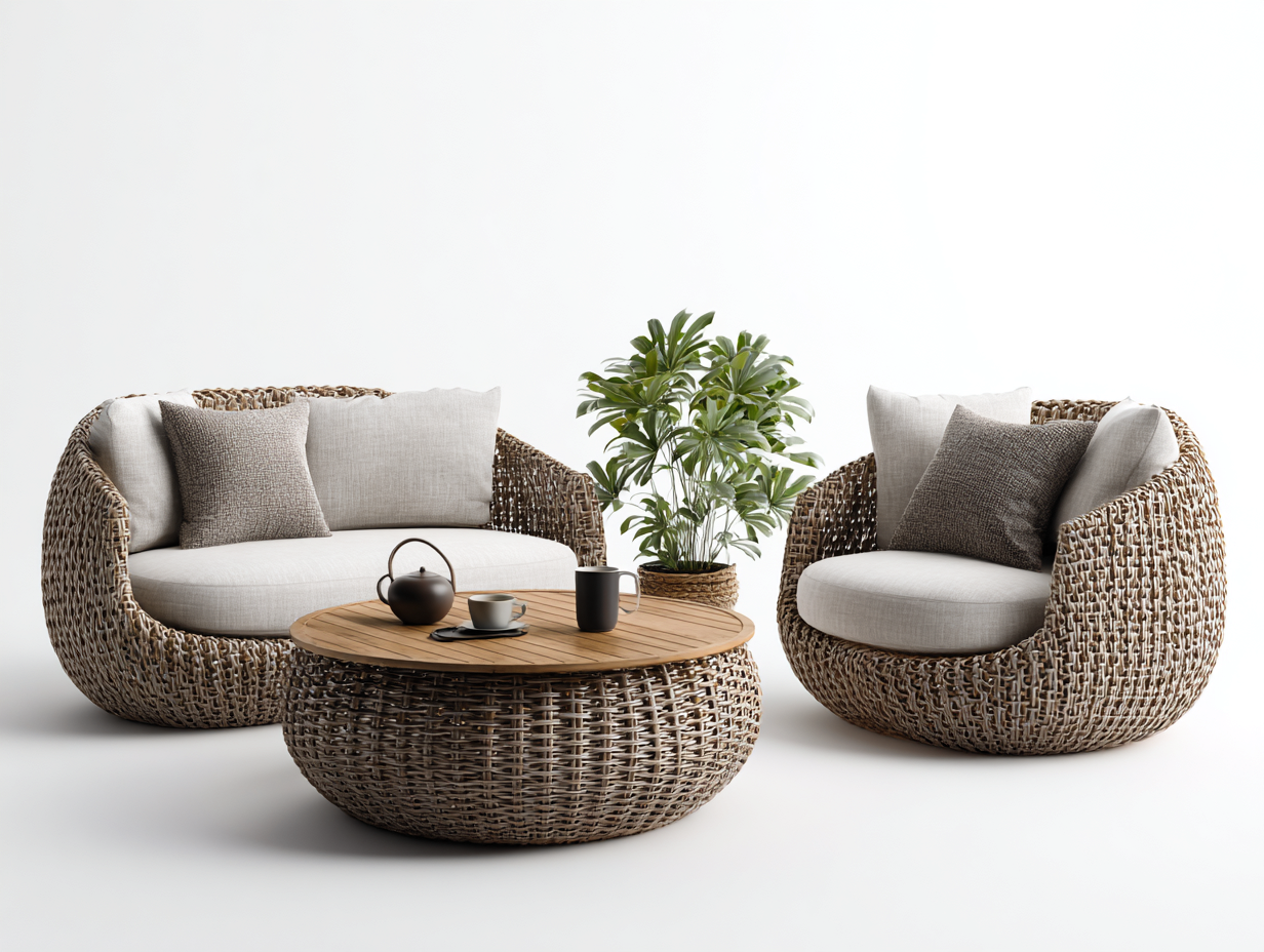 Canapé de jardin en rotin tressé brun 2 places avec fauteuil et table basse 180x90x78 cm - coussins crème - pour extérieur - design contemporain-Sofagetloft