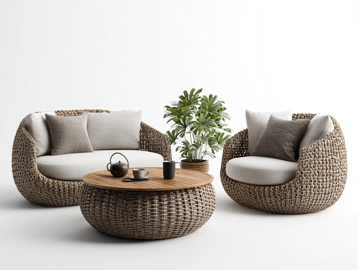 Canapé de jardin en rotin tressé brun 2 places avec fauteuil et table basse 180x90x78 cm - coussins crème - pour extérieur - design contemporain-Sofagetloft
