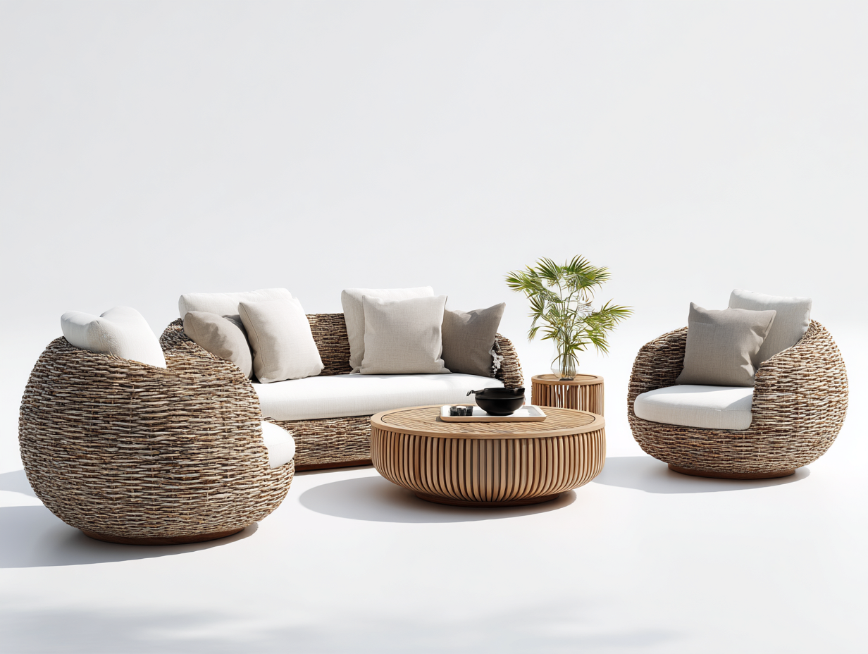Canapé de jardin en rotin tressé 178 x 82 x 74 cm - beige naturel-écru - pour jardin - ensemble salon avec table basse ronde-Sofagetloft