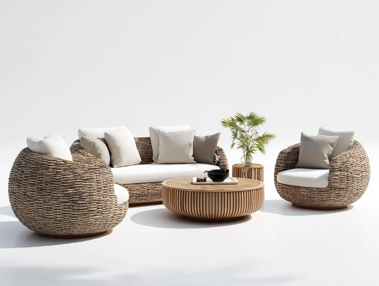Canapé de jardin en rotin tressé 178 x 82 x 74 cm - beige naturel-écru - pour jardin - ensemble salon avec table basse ronde-Sofagetloft