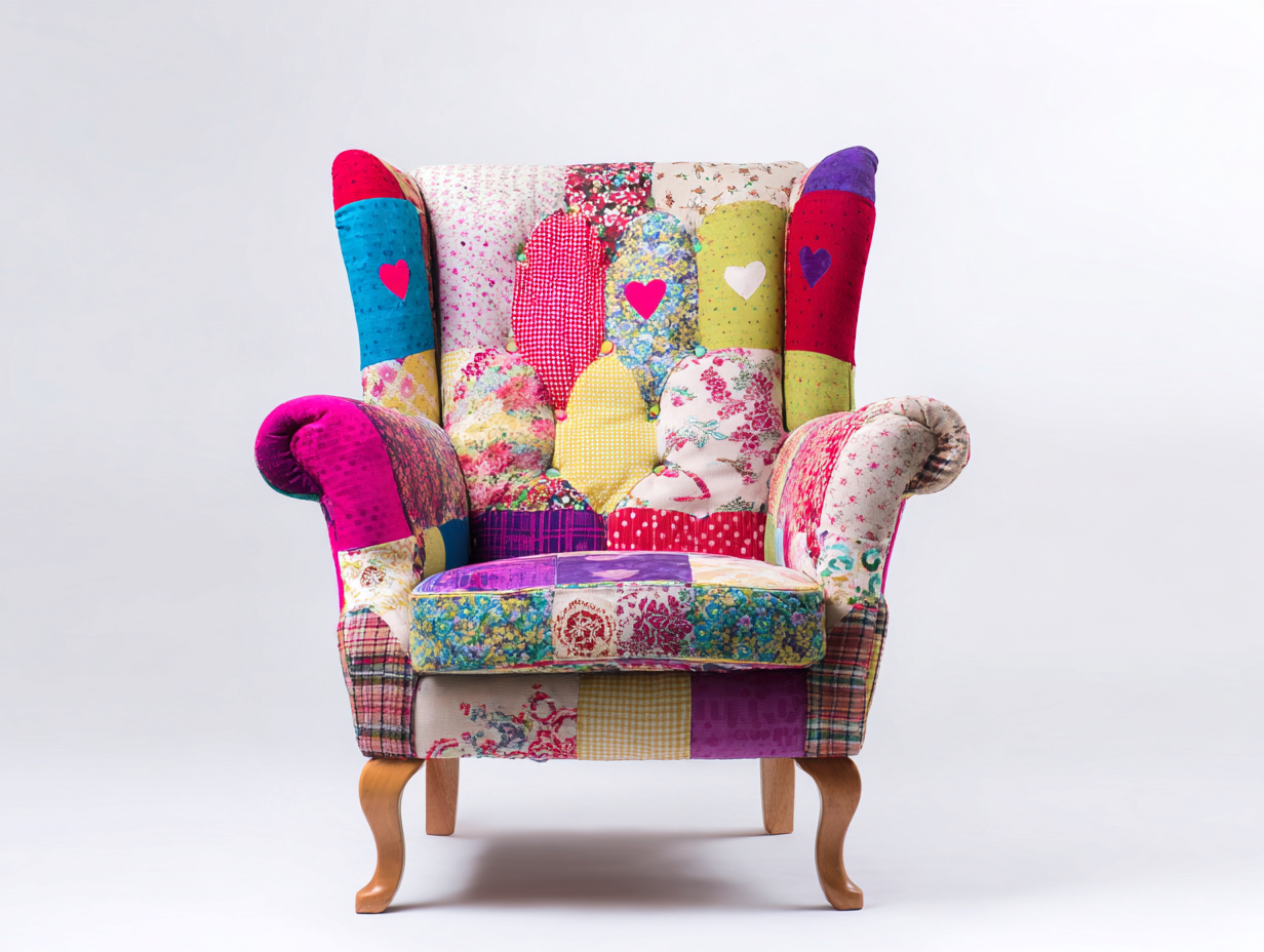 Fauteuil à oreilles en tissu patchwork multicolore 78x82x112 cm - pour salon - dossier haut - style bohème-Cottaloft