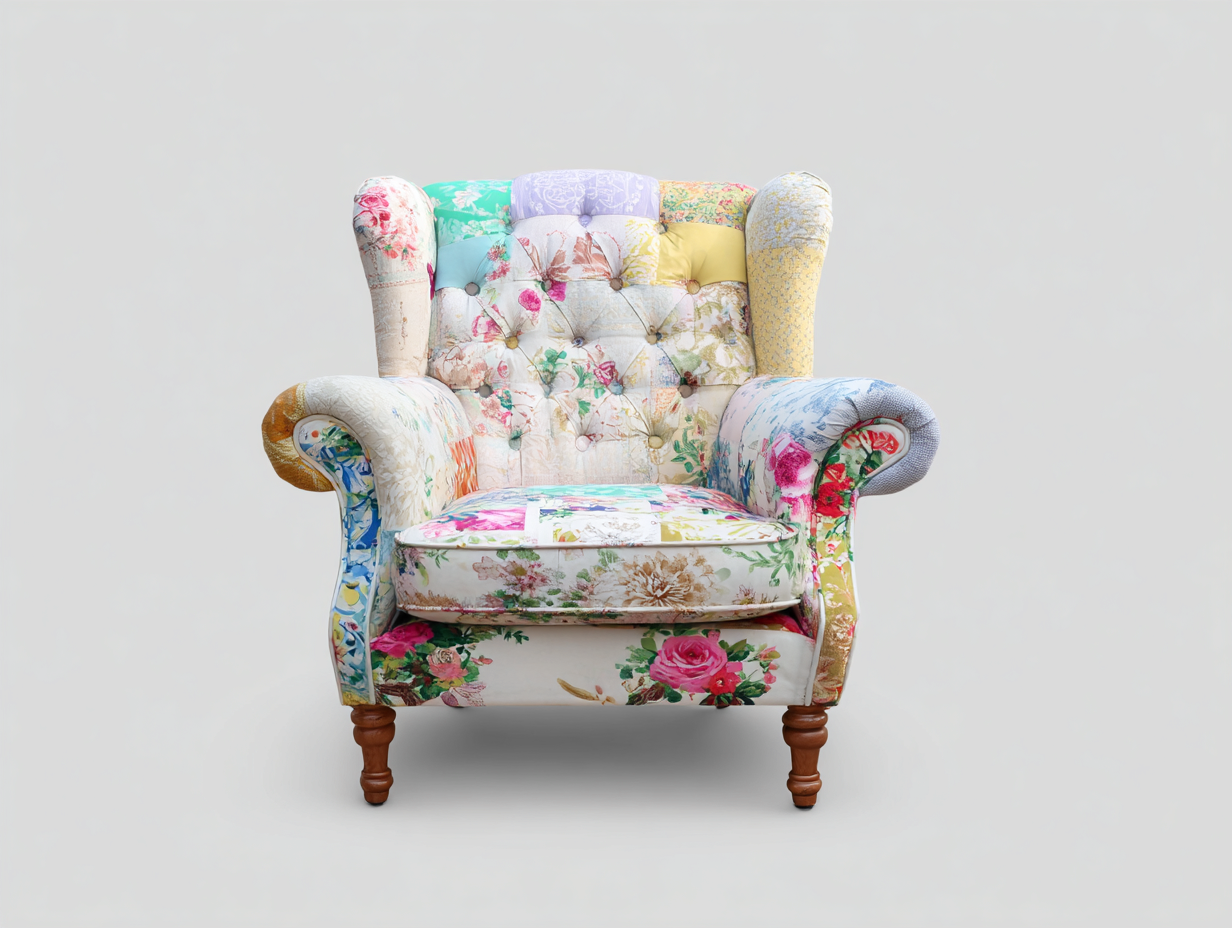 Fauteuil à oreilles en tissu patchwork floral multicolore 88x84x112 cm pour salon - dossier capitonné - style romantique éclectique-Cottaloft