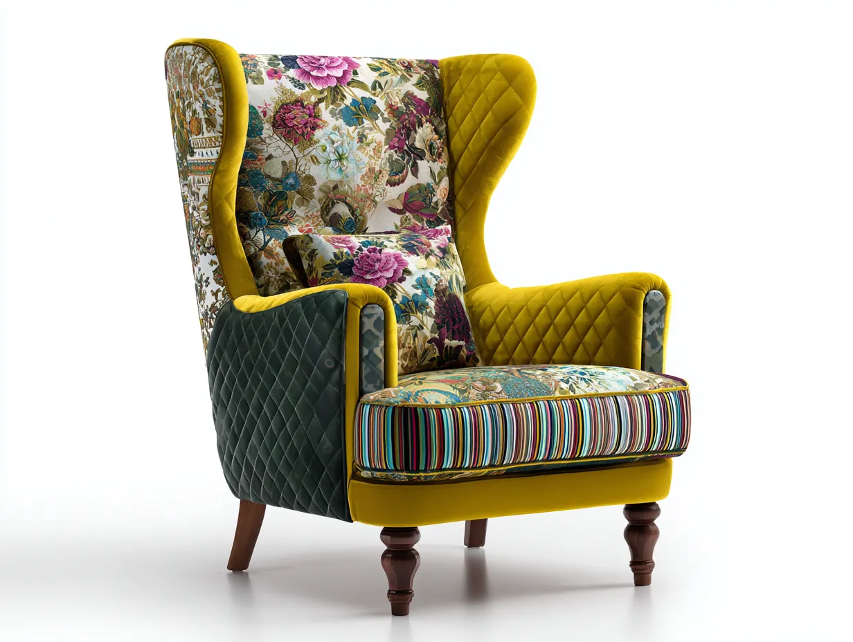 Fauteuil à oreilles en tissu patchwork jaune-vert-rose 85x82x118 cm pour salon - dossier haut - style éclectique-Cottaloft