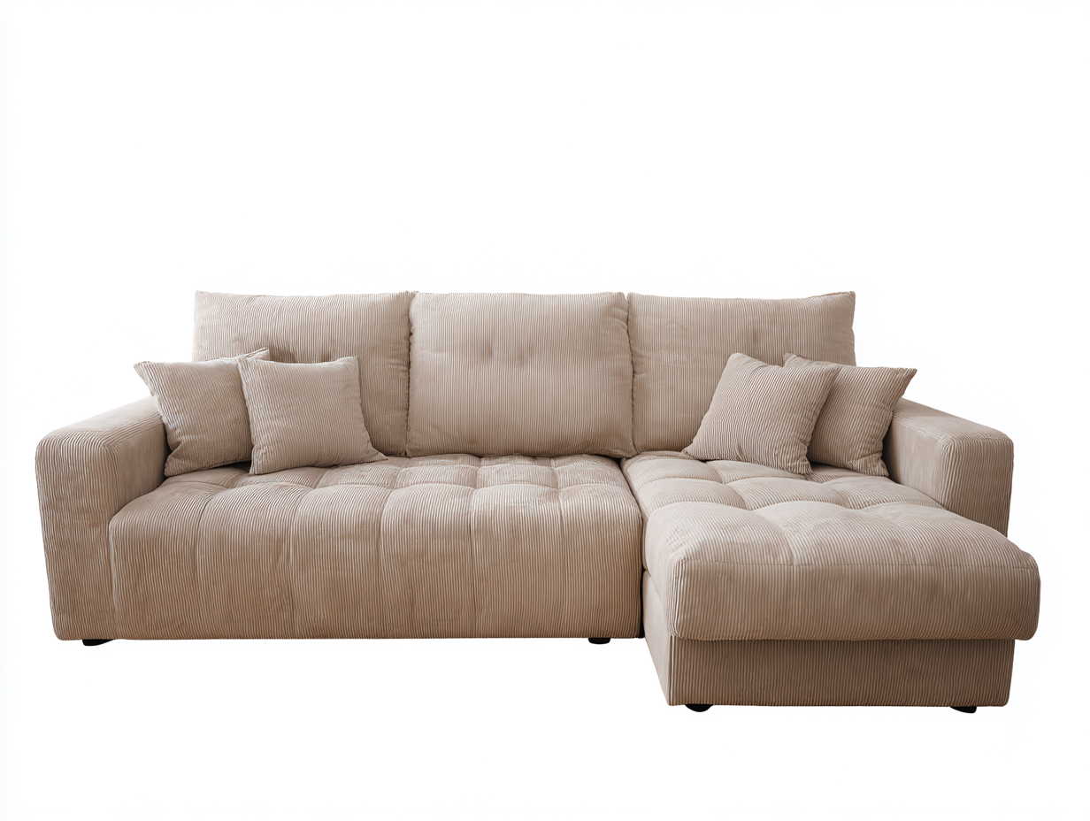 Canapé d'angle en tissu côtelé beige 248x158x86 cm pour salon - méridienne intégrée - design moderne-Cottaloft