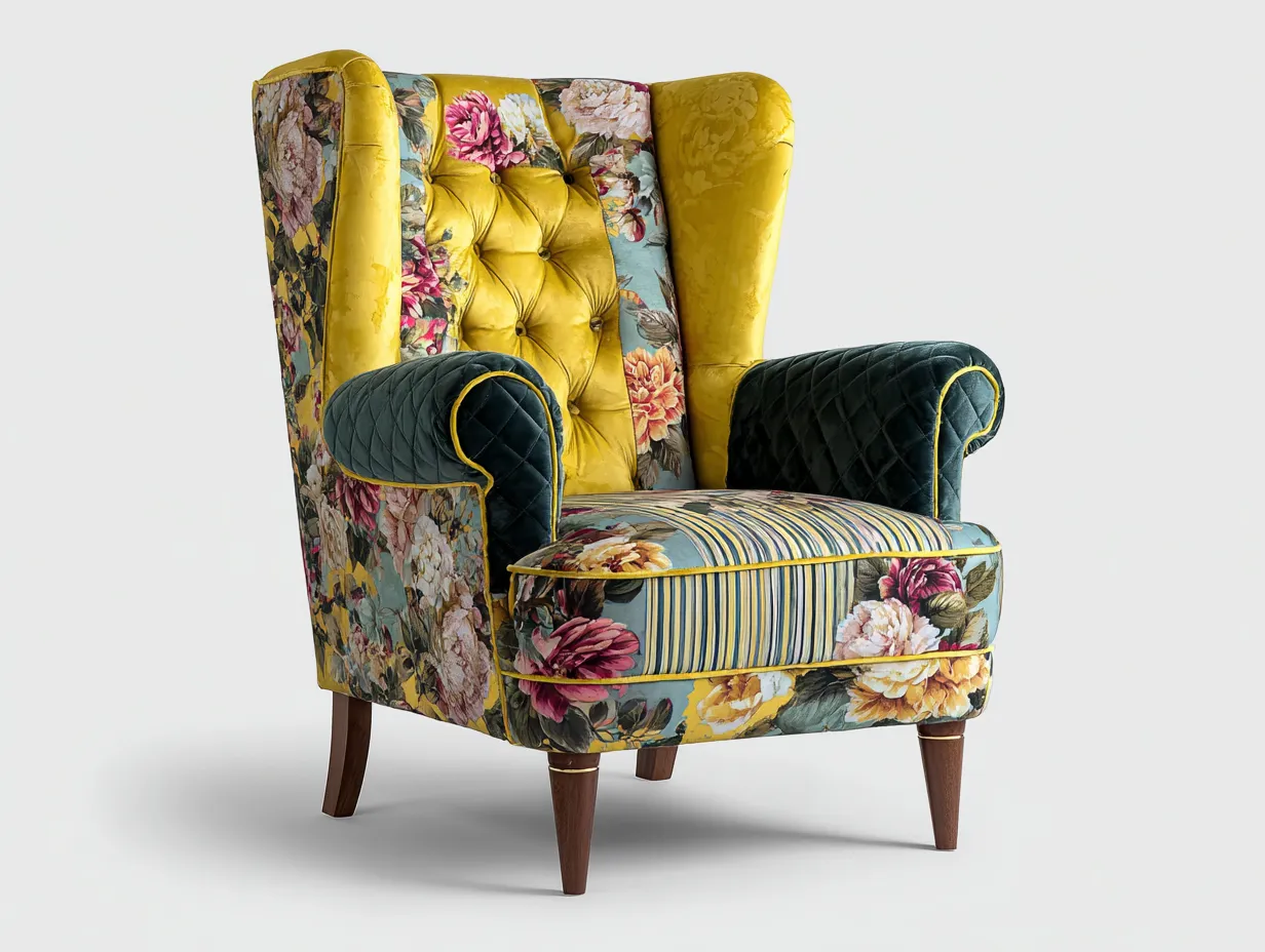 Fauteuil à oreilles en tissu velours imprimé jaune-bleu-rose 86x90x118 cm - pour salon - dossier haut - style bohème chic-Cottaloft