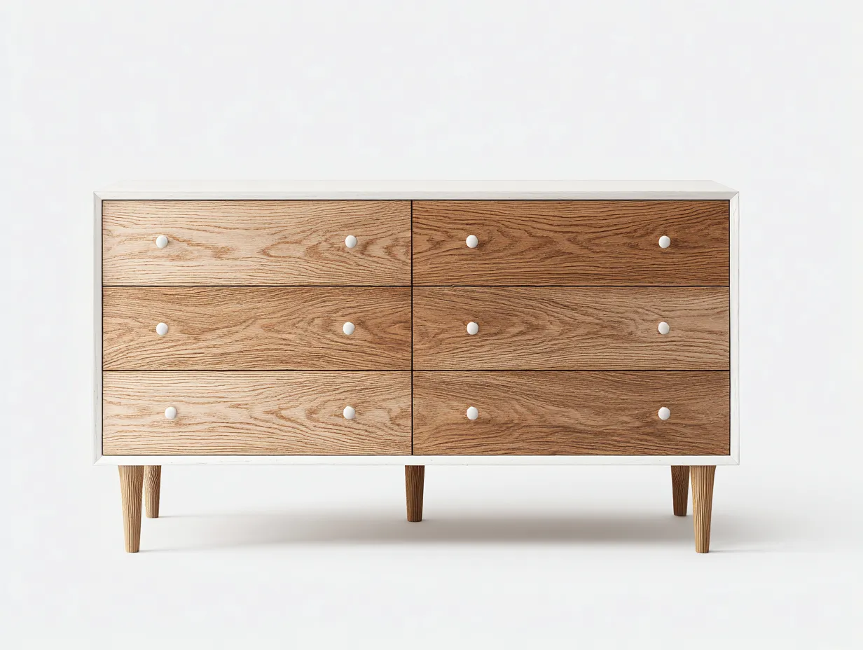 Commode en bois pour chambre 150x45x80 cm - blanc-bois naturel - 6 tiroirs - style scandinave-Loftgohaus