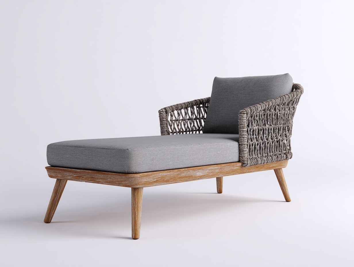 Bain de soleil en bois et corde tressée avec coussin gris 165x68x72 cm pour jardin - style naturel et dossier latéral - design contemporain-Nestmybay