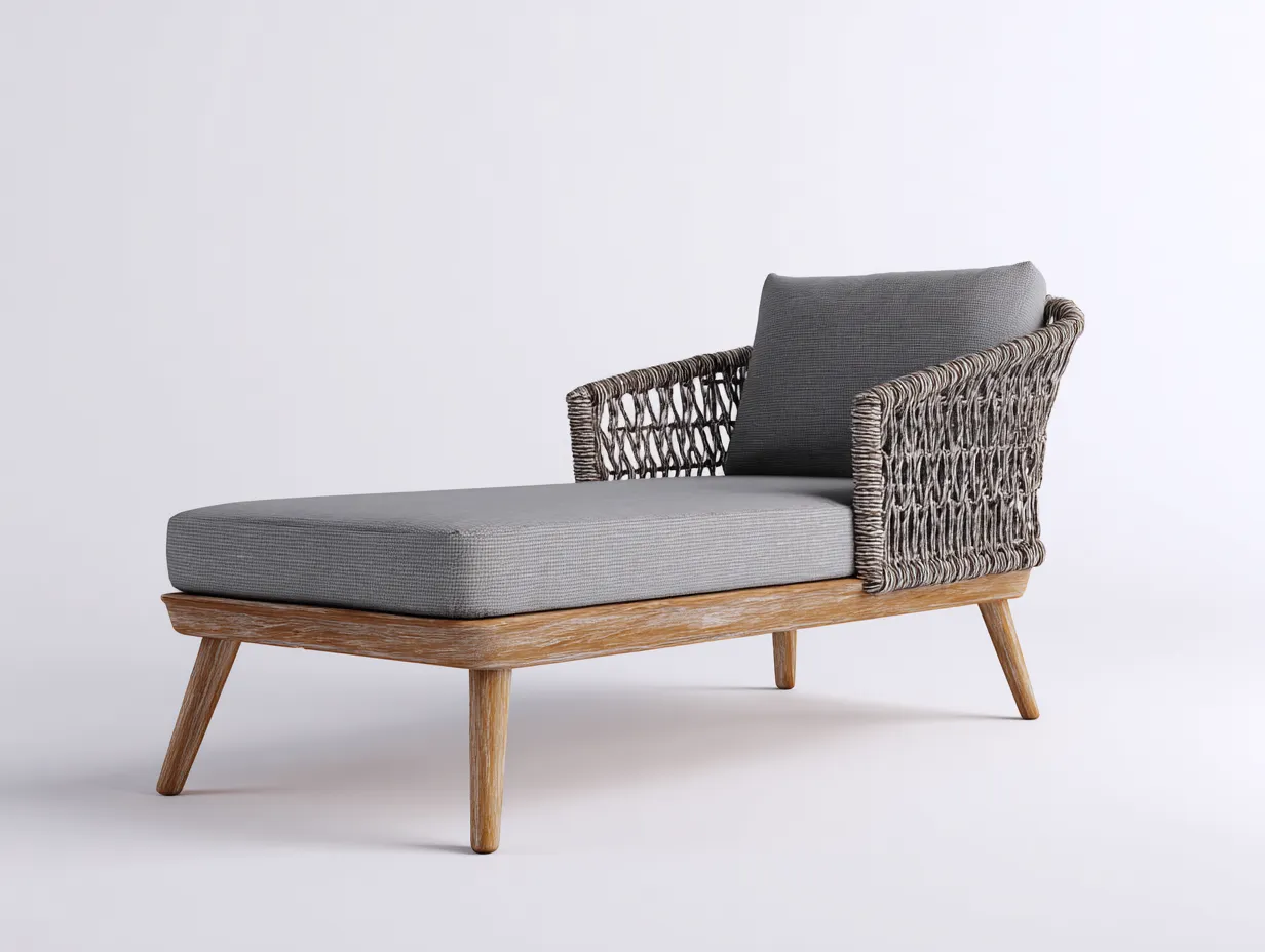 Bain de soleil en bois et corde tressée avec coussin gris 165x68x72 cm pour jardin - style naturel et dossier latéral - design contemporain-Nestmybay