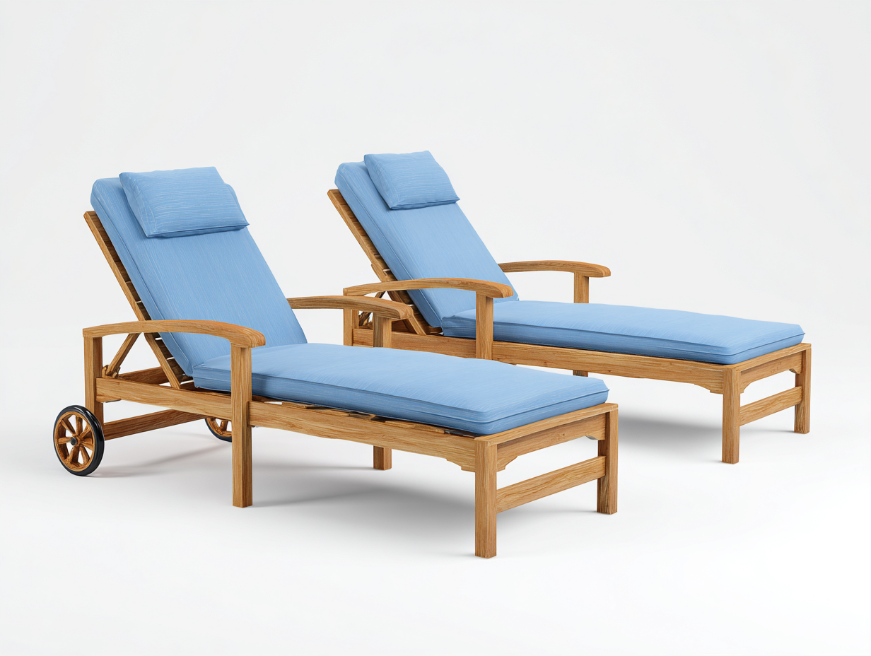 Bain de soleil bois avec coussin 200x65x90 cm bleu - design moderne réglable avec roulettes adapté pour extérieur jardin terrasse-Nestmybay