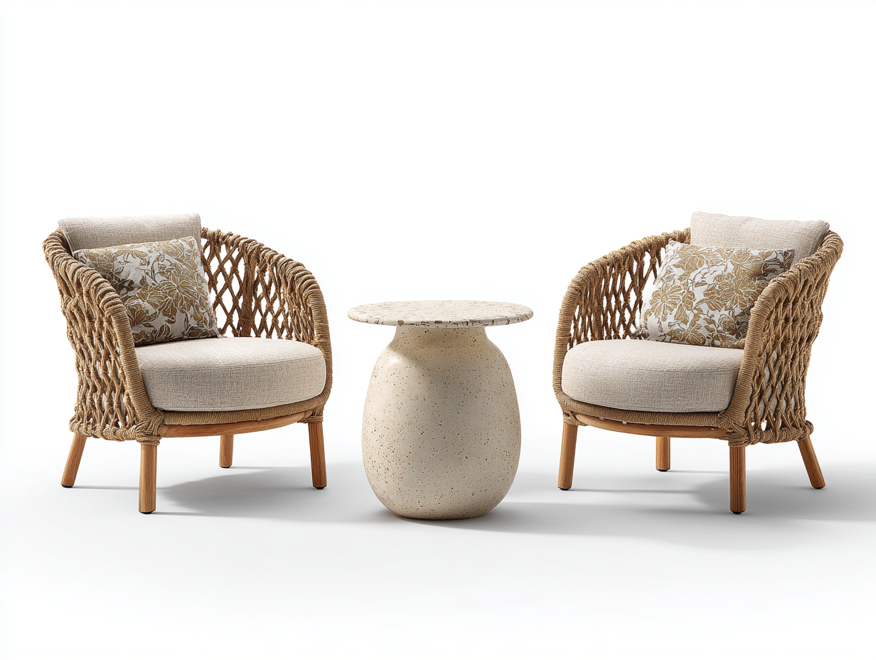 Salon de jardin pour terrasse rotin bois pierre 65x65x50 cm beige - ensemble table basse et fauteuils design moderne extérieur-Nestmybay