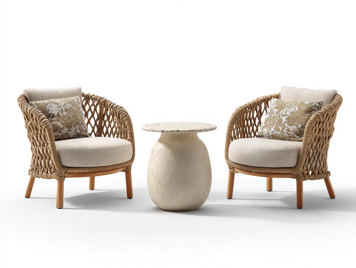 Salon de jardin pour terrasse rotin bois pierre 65x65x50 cm beige - ensemble table basse et fauteuils design moderne extérieur-Nestmybay