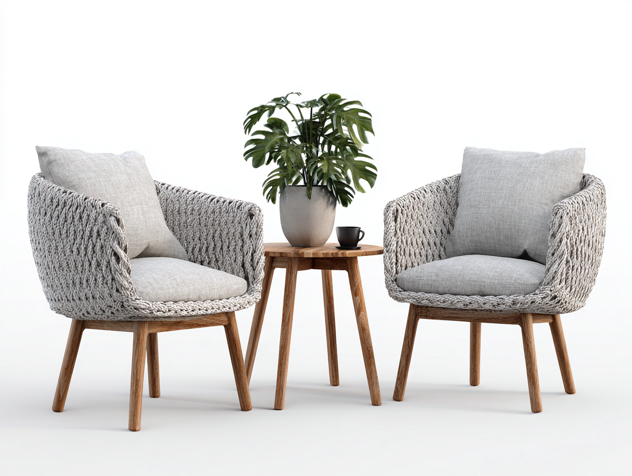 Salon de jardin pour terrasse en corde tressée et bois naturel 50x50x55 cm avec 2 fauteuils - coussins gris clair - style naturel contemporain-Nestmybay