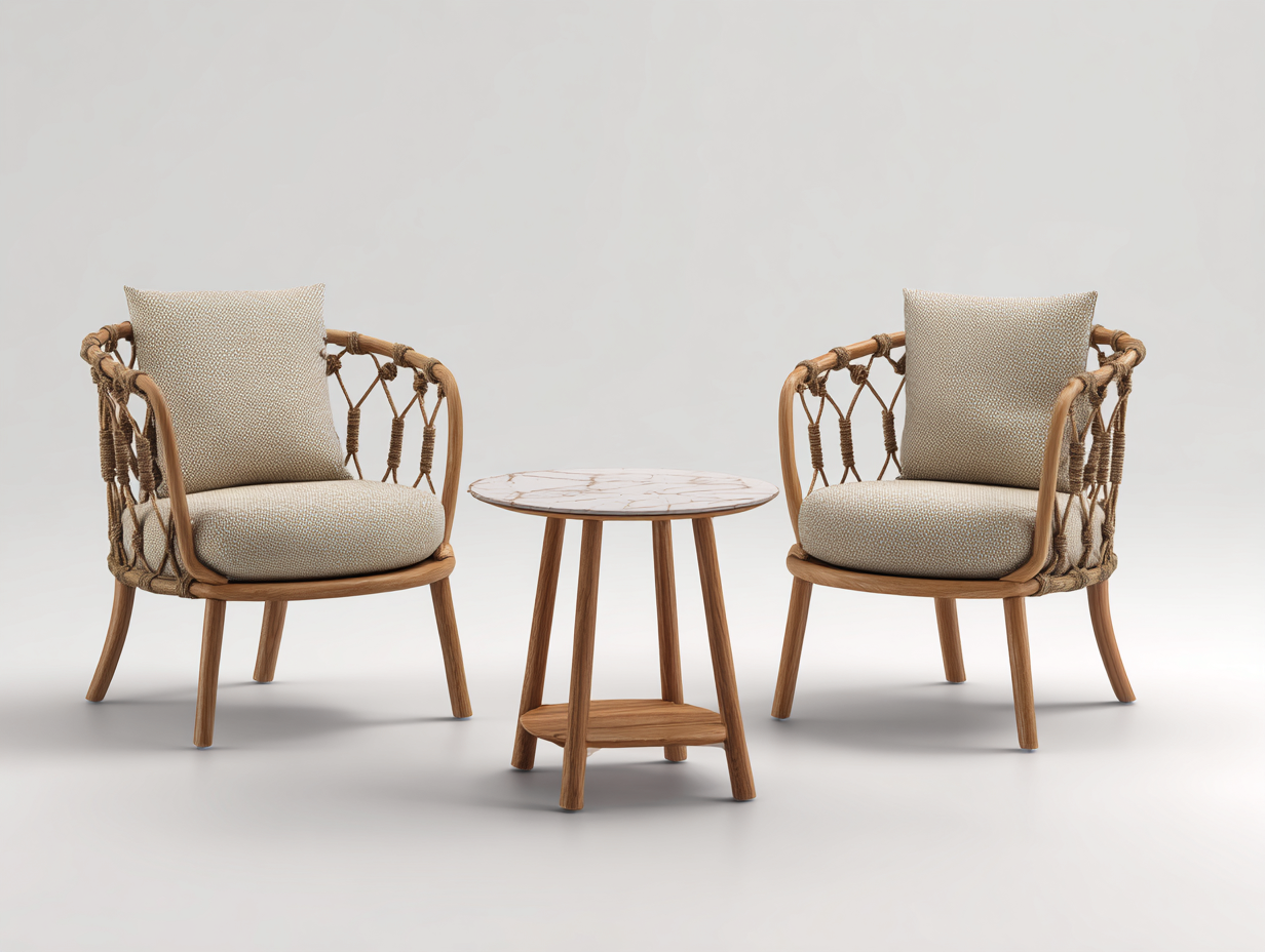 Salon de jardin pour terrasse en corde tressée et bois naturel 50x50x55 cm avec 2 fauteuils - beige - style naturel contemporain-Nestmybay