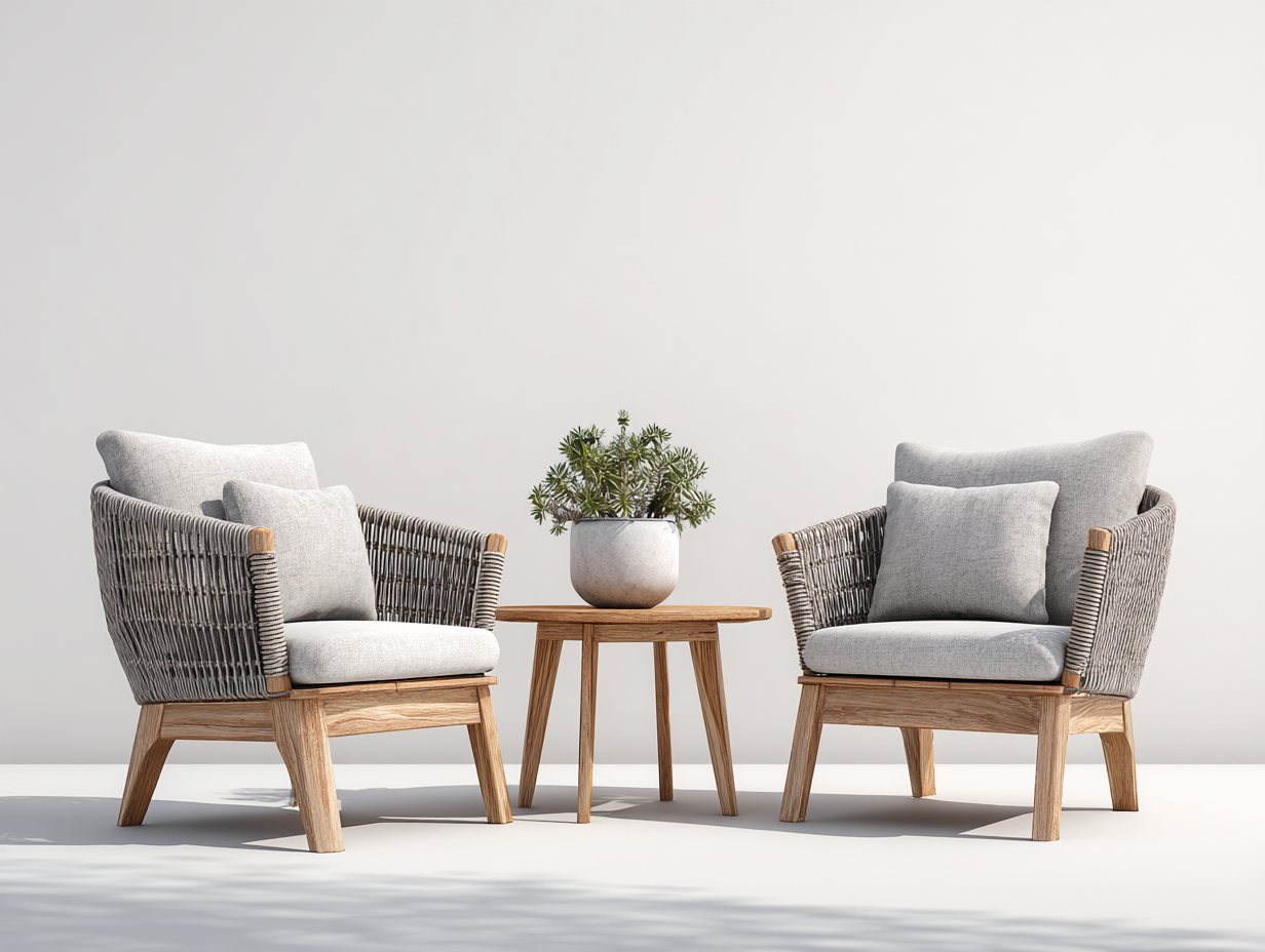 Salon de jardin pour terrasse en corde tressée et bois naturel 52x52x54 cm avec 2 fauteuils - coussins gris clair - style naturel contemporain-Nestmybay