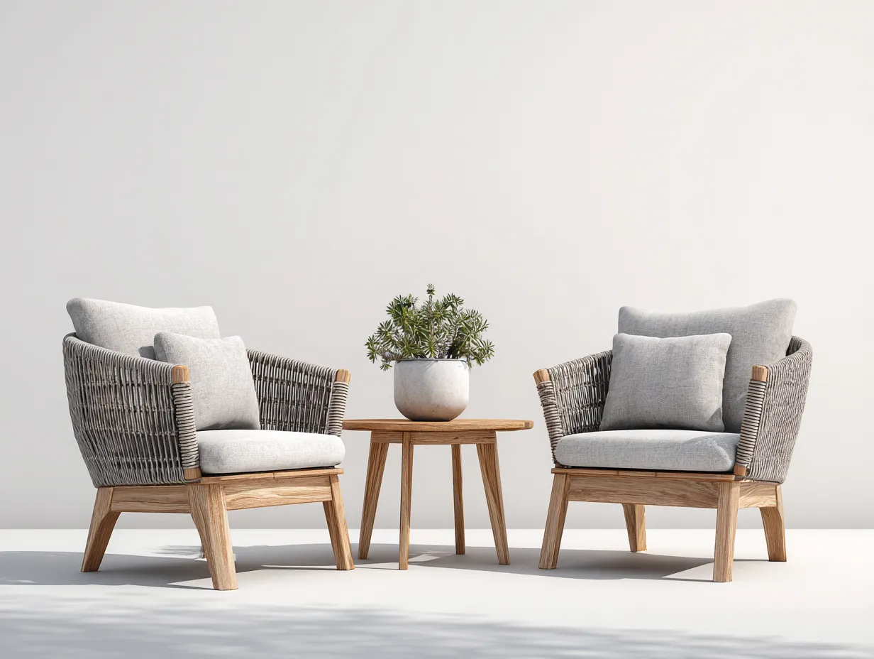 Salon de jardin pour terrasse en corde tressée et bois naturel 52x52x54 cm avec 2 fauteuils - coussins gris clair - style naturel contemporain-Nestmybay