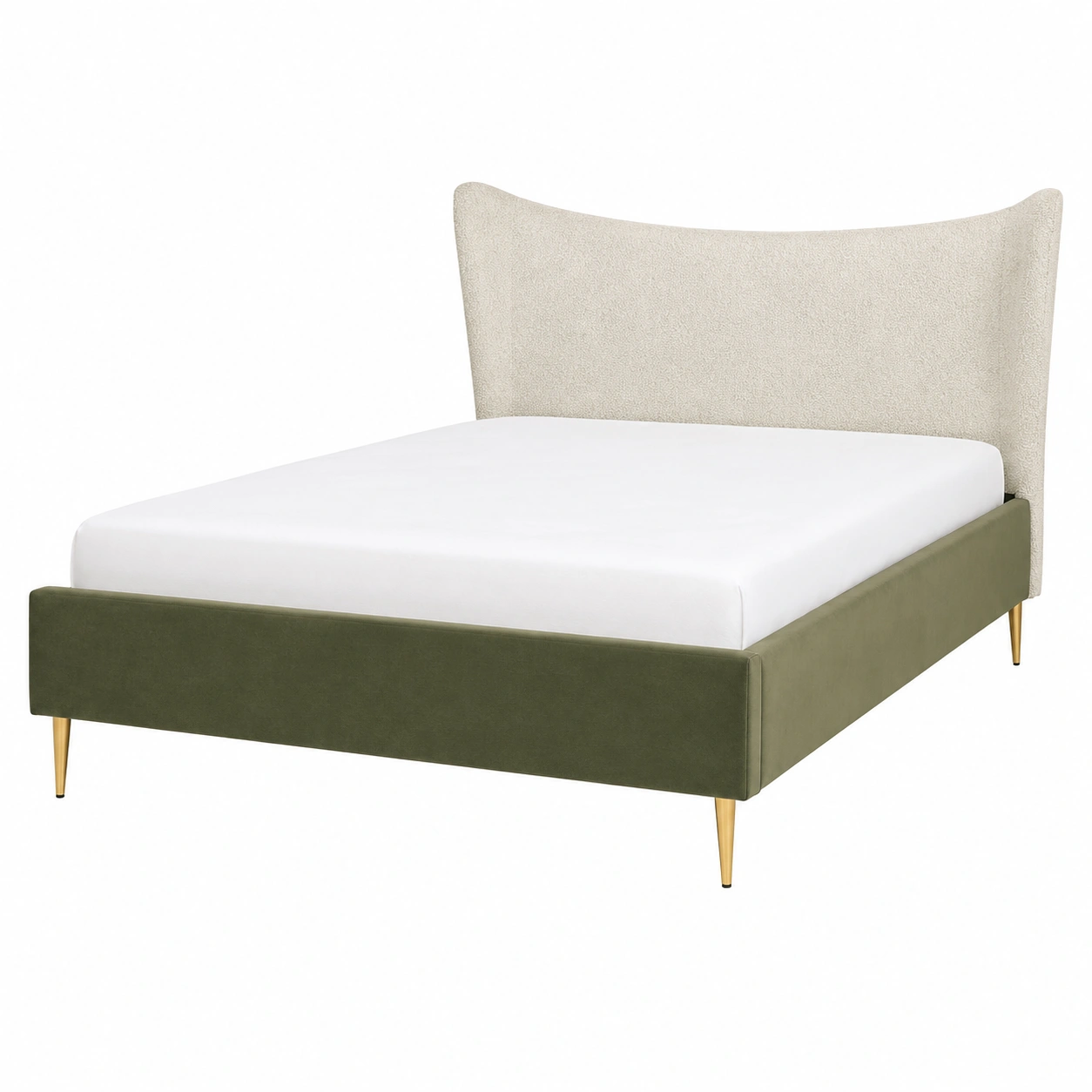 Cama moderna verde oliva y beige con cabecera envolvente y patas doradas-homeltica