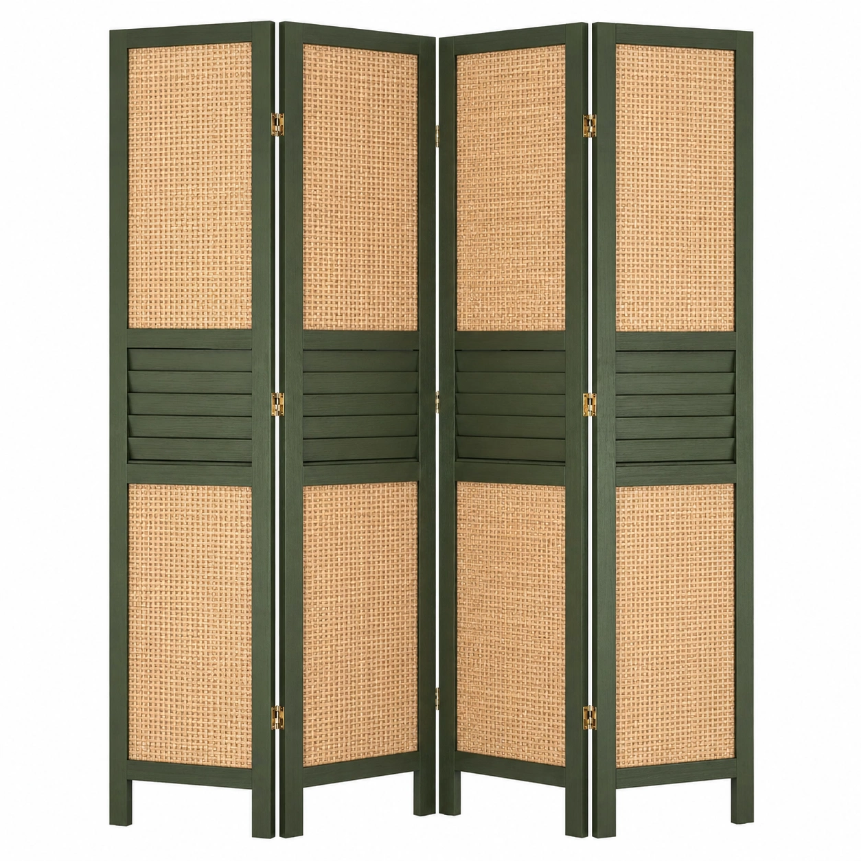 Biombo separador plegable de ratan beige con marco verde oscuro y panel central de lamas-homeltica