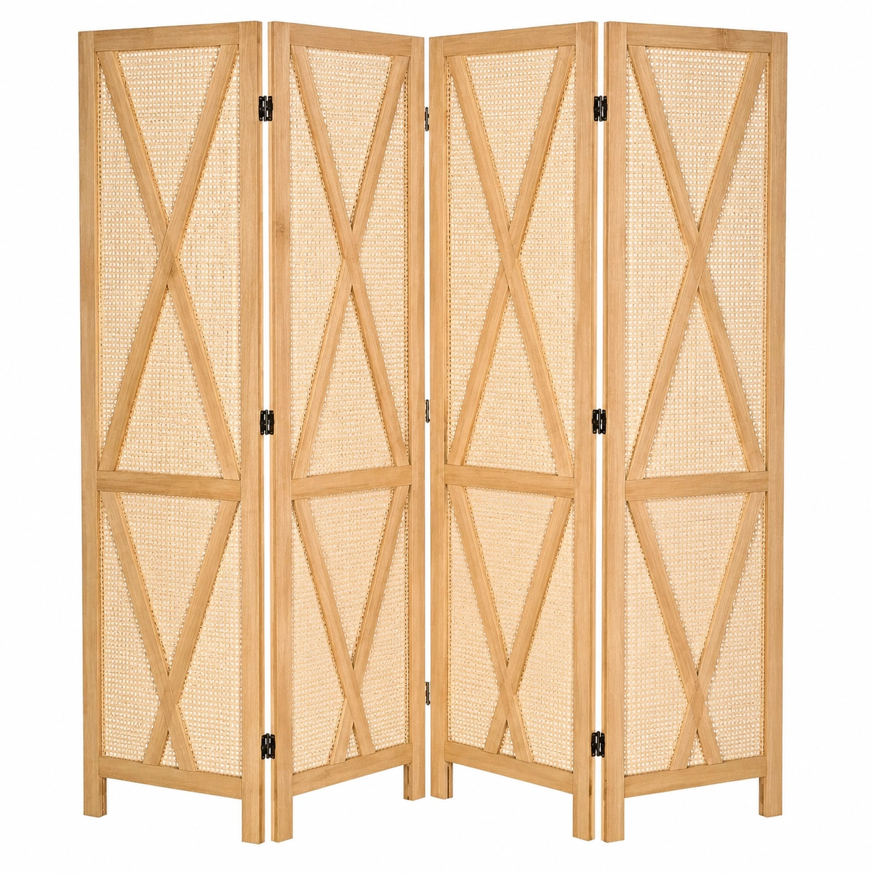Biombo separador plegable de madera natural con ratan trenzado y refuerzos en forma de X-homeltica