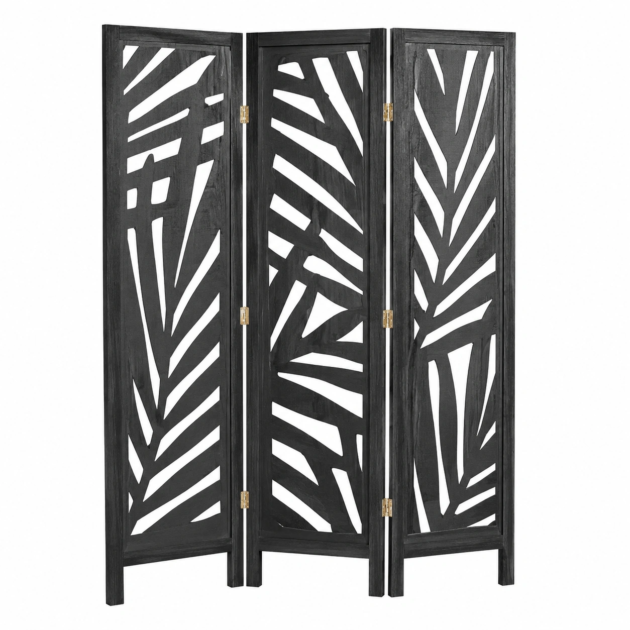 Biombo separador plegable negro de madera con diseno calado de hojas tropicales-homeltica