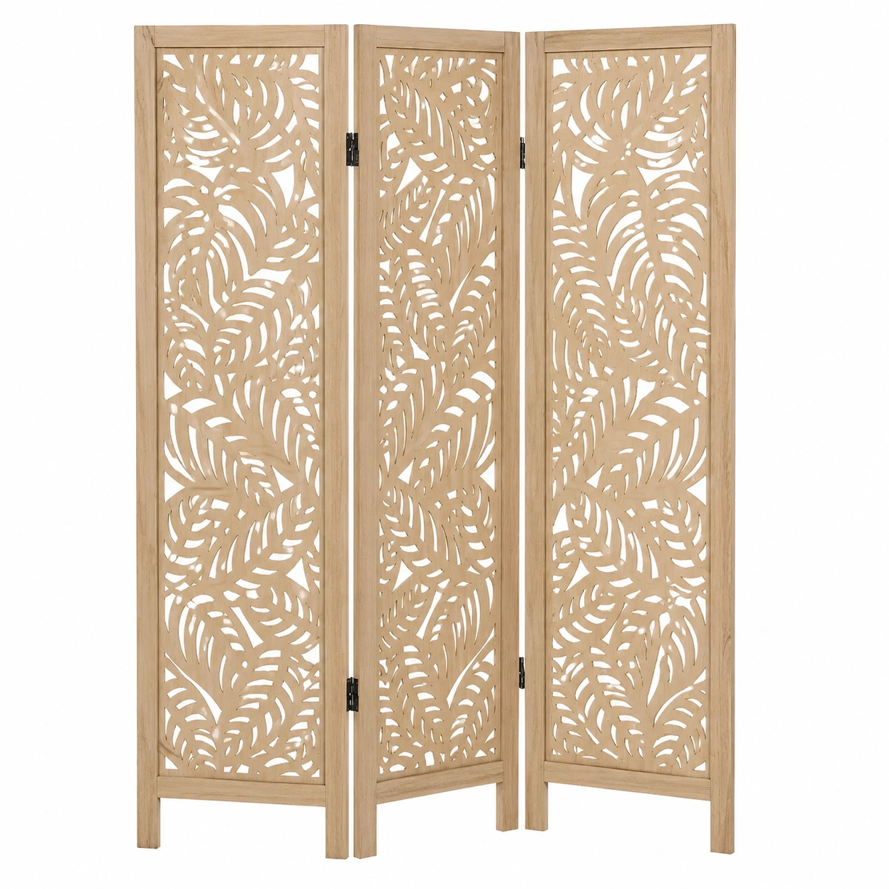 Biombo separador plegable de madera natural con paneles calados de hojas tropicales-homeltica