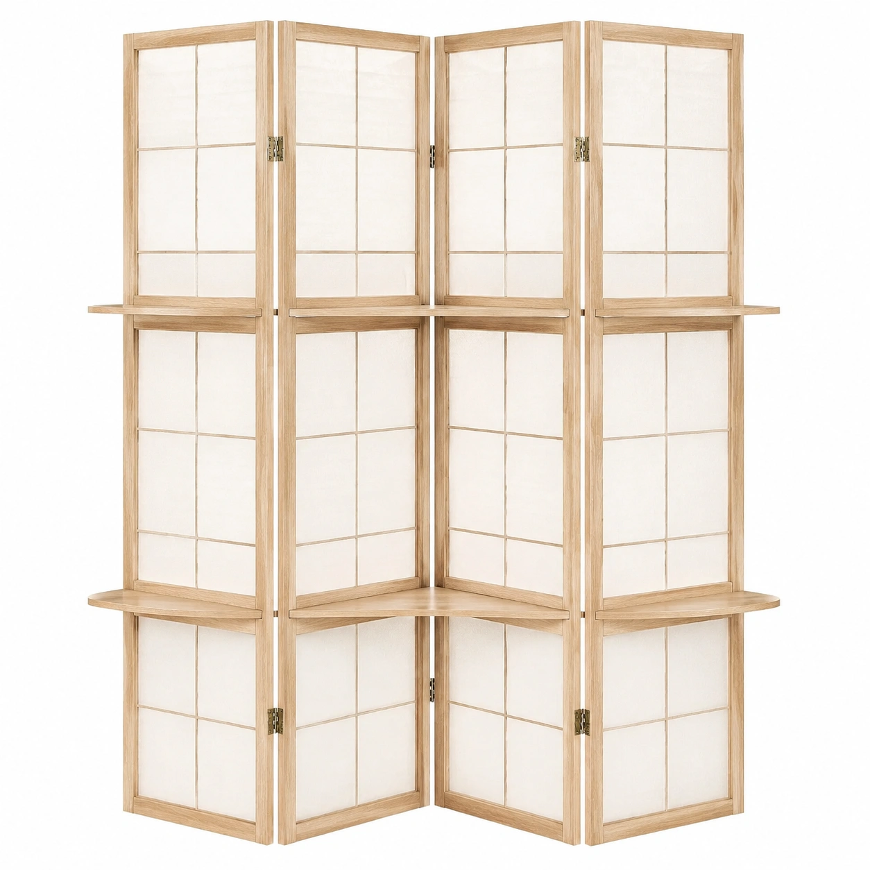 Biombo separador plegable de estilo japones con paneles blancos y estantes laterales de madera natural-homeltica