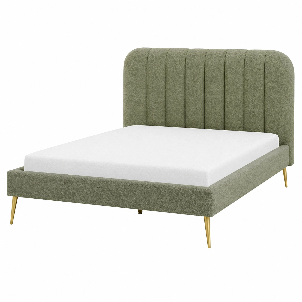 Cama contemporanea acolchada en tela verde salvia con cabecero curvo y patas metalicas doradas-homeltica