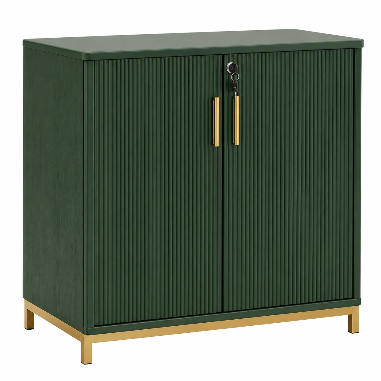 Aparador moderno acanalado en color verde oscuro con base dorada y puertas con cerradura para almacenamiento interior-homeltica