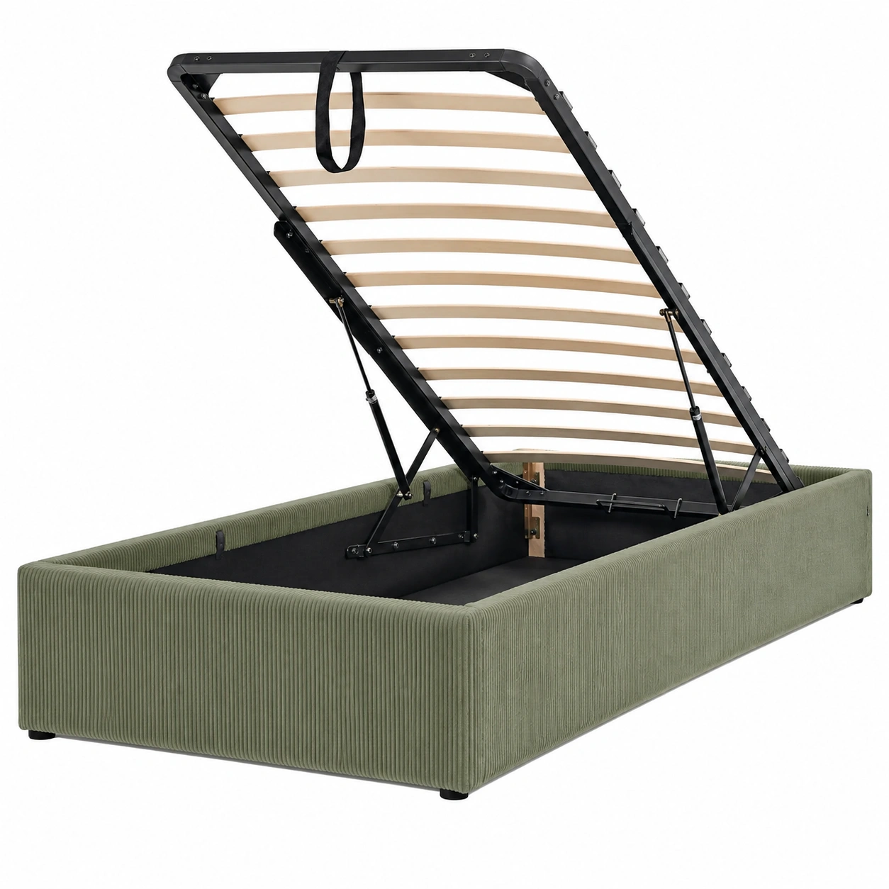 Cama elevable tapizada de pana verde salvia con estructura arqueada y almacenamiento integrado-homeltica