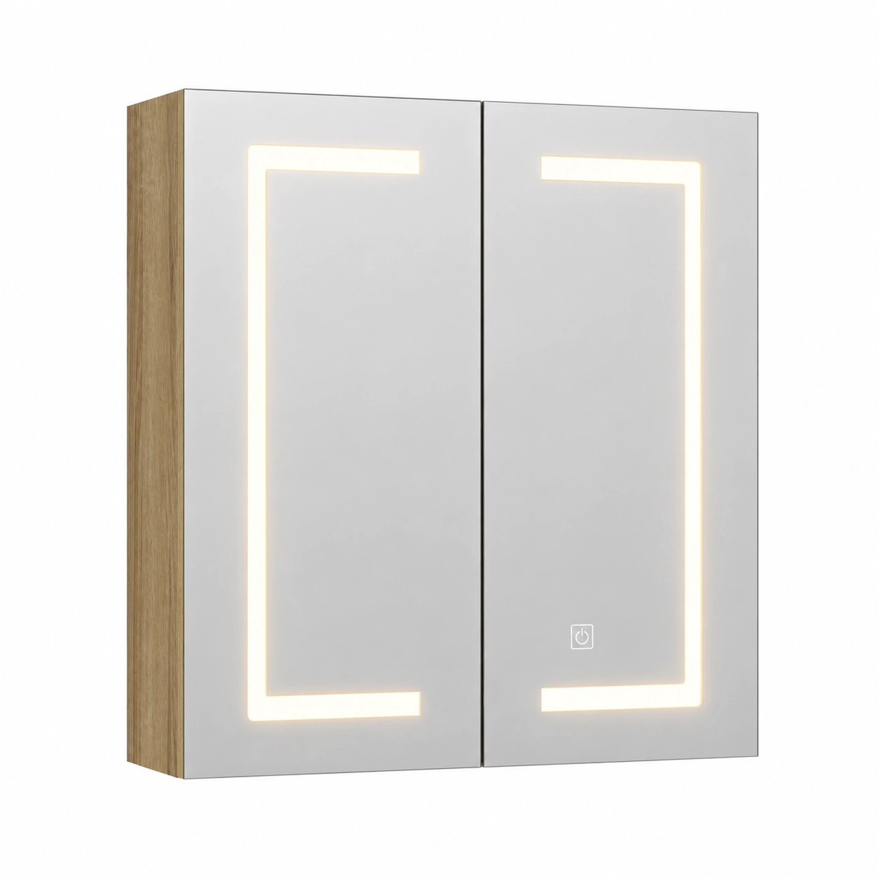 Armario de bano suspendido moderno con espejo LED rectangular y estructura efecto madera natural-homeltica