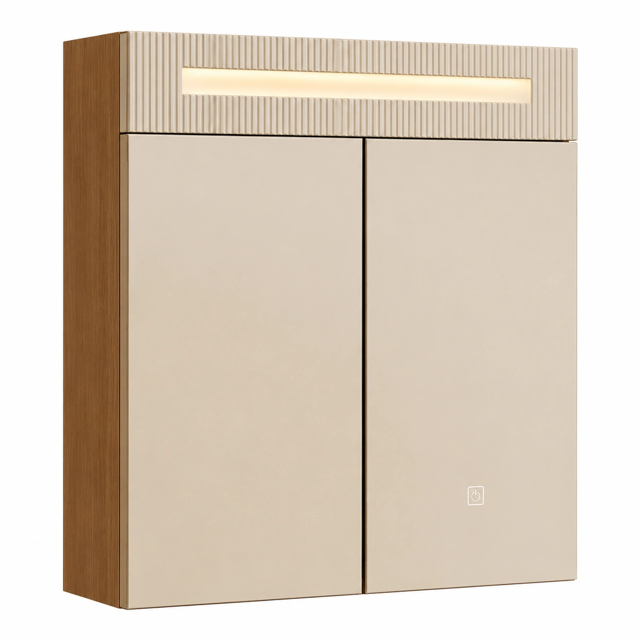 Armario de bano vertical beige con luz LED superior integrada y acabado texturizado moderno-homeltica