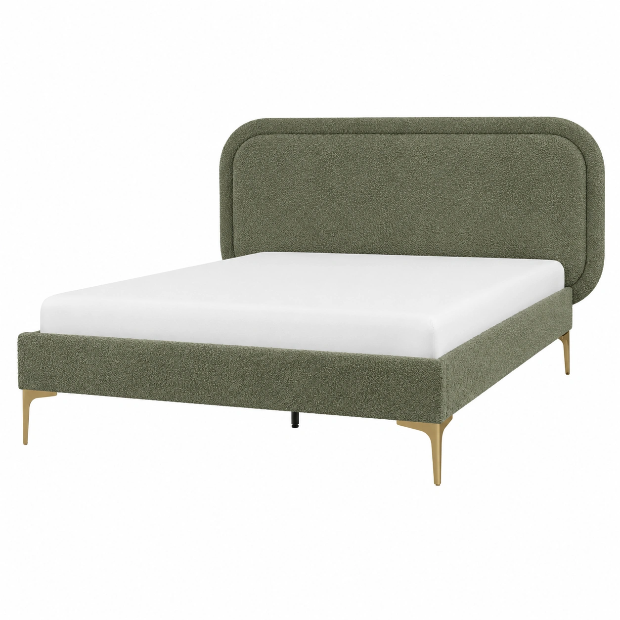 Cama tapizada contemporanea con cabecero redondeado y patas metalicas doradas para dormitorio moderno-homeltica