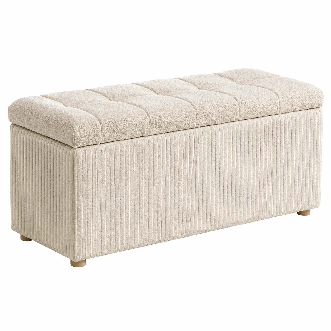 Banco arcón tapizado beige claro con textura acanalada y asiento acolchado para dormitorio y entrada-homeltica